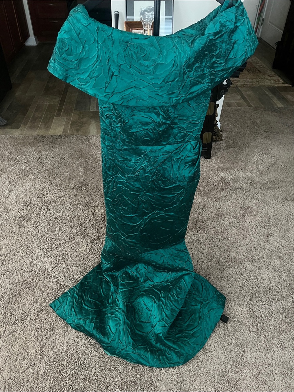 Rickie Freeman for Teri Jon Teal Off-Shoulder Evening Gown